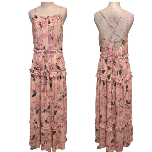 Lost + Wander Flowy Hawaiian Rose Pink Tiered Tie-Back Halter Maxi Dress, Sz Med - Picture 2 of 10
